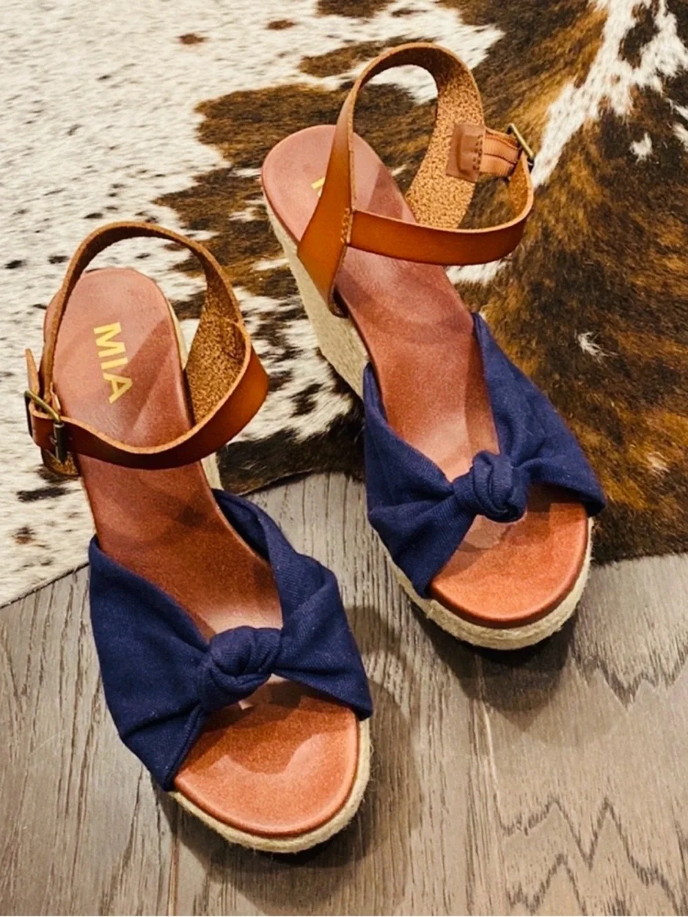 MIA Navy Lorryan Knot Espadrille Wedge Sandals with Tan Ankle Strap - Picture 10 of 10